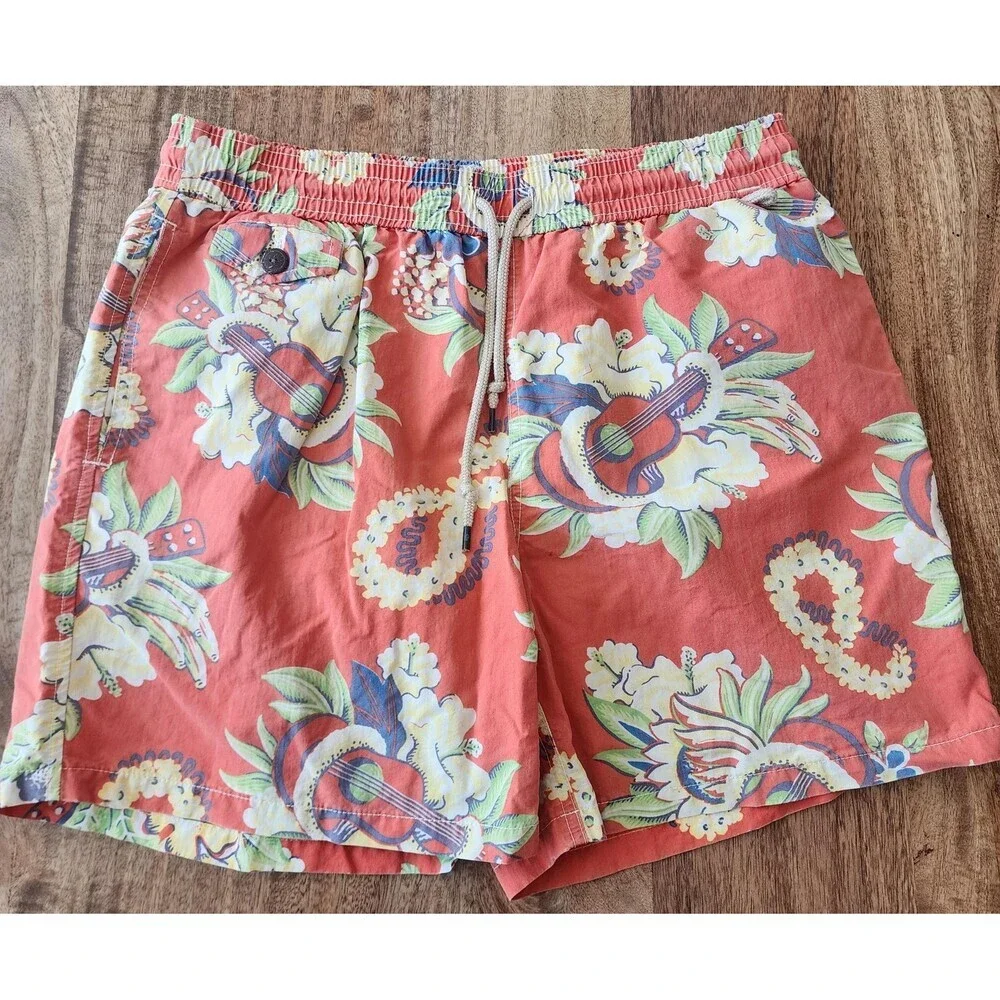 Polo Ralph Lauren Shorts Mens Large Orange Hawaiian Swim Trunks Lined Drawstring
